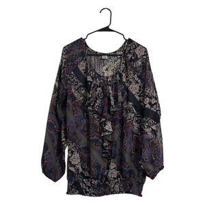 Jockey Bohemian Sheer Floral Ruffle Blouse Blue Burgundy Women's Size Small